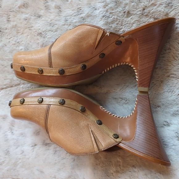 Cole Haan Kenna Leather Light Brown Tan Studded Heeled Clogs Mules Size 10 - Picture 6 of 9